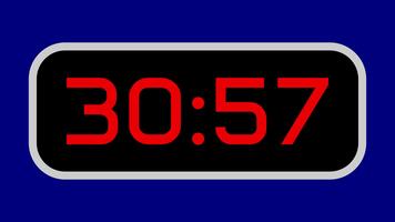 nedräkning timer från 31 minut till 30 minut digital med ljus röd tal på en svart visa och blå bakgrund video