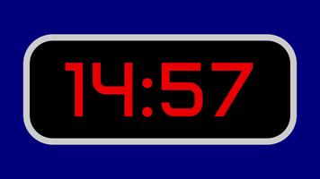 Countdown timer from 15 minute to 14 minute digital with bright red numbers on a black display and blue background video