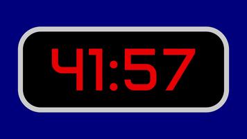 Countdown timer from 42 minute to 41 minute digital with bright red numbers on a black display and blue background video