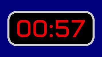 1 minut nedräkning timer digital med ljus röd tal på en svart visa och blå bakgrund lämplig för redigering, presentationer, tavlan grafik, och digital visa animationer video