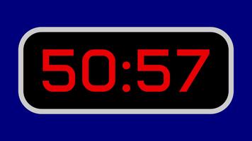 Countdown timer from 51 minute to 50 minute digital with bright red numbers on a black display and blue background video