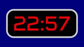 Countdown timer from 23 minute to 22 minute digital with bright red numbers on a black display and blue background video