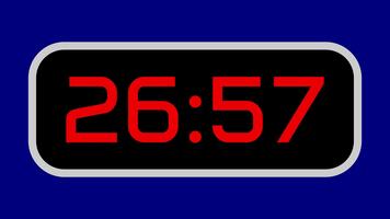Countdown timer from 27 minute to 26 minute digital with bright red numbers on a black display and blue background video