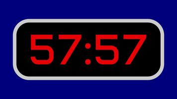 Countdown timer from 58 minute to 57 minute digital with bright red numbers on a black display and blue background video
