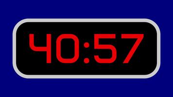 Countdown timer from 41 minute to 40 minute digital with bright red numbers on a black display and blue background video