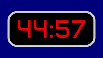 Countdown timer from 45 minute to 44 minute digital with bright red numbers on a black display and blue background video
