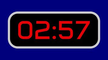 Countdown timer from 3 minute to 2 minute digital with bright red numbers on a black display and blue background video