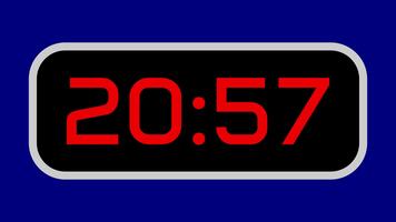 Countdown timer from 21 minute to 20 minute digital with bright red numbers on a black display and blue background video