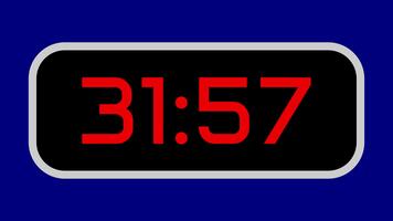 Countdown timer from 32 minute to 31 minute digital with bright red numbers on a black display and blue background video