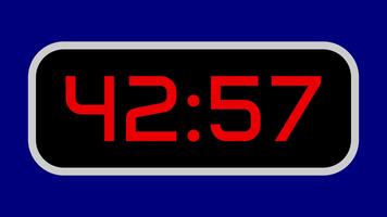 Countdown timer from 43 minute to 42 minute digital with bright red numbers on a black display and blue background video