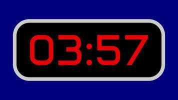Countdown timer from 4 minute to 3 minute digital with bright red numbers on a black display and blue background video
