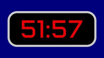 Countdown timer from 52 minute to 51 minute digital with bright red numbers on a black display and blue background video