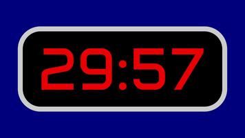 Countdown timer from 30 minute to 29 minute digital with bright red numbers on a black display and blue background video