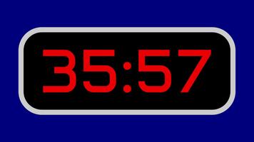 Countdown timer from 36 minute to 35 minute digital with bright red numbers on a black display and blue background video