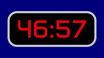 Countdown timer from 47 minute to 46 minute digital with bright red numbers on a black display and blue background video