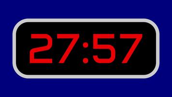 Countdown timer from 28 minute to 27 minute digital with bright red numbers on a black display and blue background video