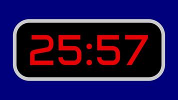 Countdown timer from 26 minute to 25 minute digital with bright red numbers on a black display and blue background video