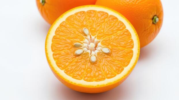 Vibrant close-up of a freshly halved juicy orange with visible seeds, showcasing its refreshing citrus pulp and natural texture against a clean white background, highlighting healthy eating photo