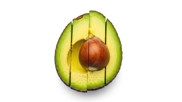 Precisely sliced, vibrant green avocado half, revealing creamy texture and central pit, expertly arranged on a clean white background, ideal for healthy food preparation photo