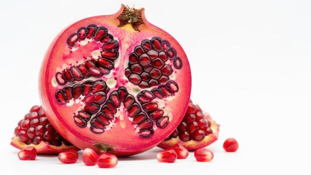 Vibrant and juicy, a freshly halved red pomegranate bursts with ruby-like arils, elegantly arranged on a crisp white background, showcasing its rich color and natural healthy goodness photo