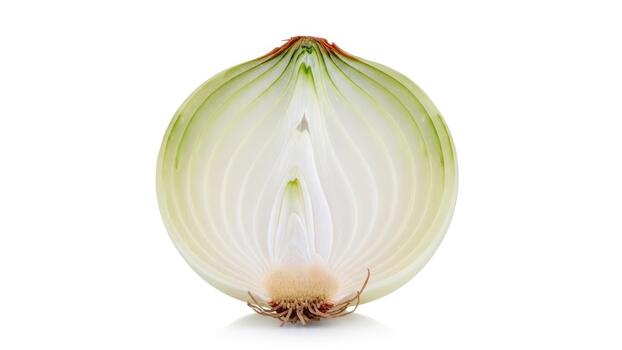 Freshly cut white onion in half, showcasing its intricate layers and raw texture, perfect for culinary and cooking concepts with a clean studio backdrop photo