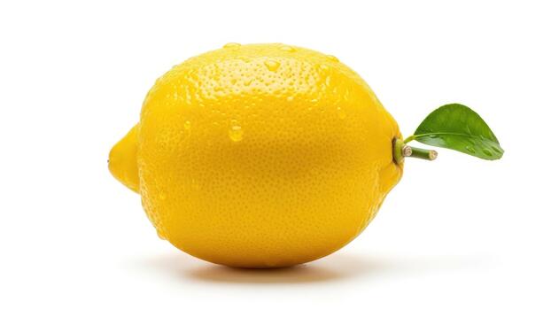 A lemon with a leaf on it is on a white background photo