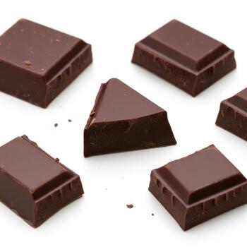 delicioso oscuro chocolate piezas dispersado en un prístino blanco superficie, destacando su Rico color y suave textura, Listo para un encantador indulgencia foto