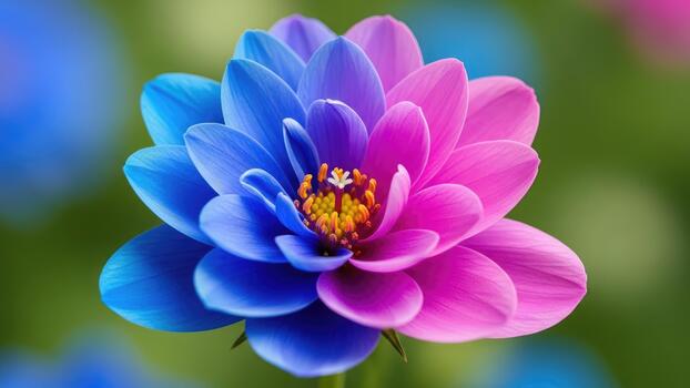 Vibrant dahlia blossom displaying a captivating gradient of blue and pink petals, symbolizing harmony in nature's colorful diversity and artistic fusion photo
