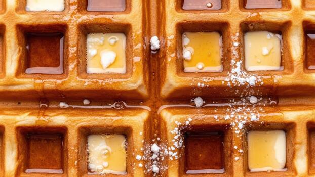 Close-up view of a golden, crispy waffle generously drizzled with rich maple syrup, adorned with melting butter squares and a delicate dusting of powdered sugar photo