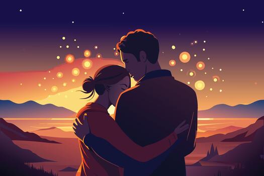 a couple embracing in front of a mountain range vector