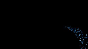 små lysande blå partiklar formning en spridd klunga mot en djup svart bakgrund, skapande en minimal abstrakt visuell lämplig för teknik, vetenskap, eller trogen begrepp. video
