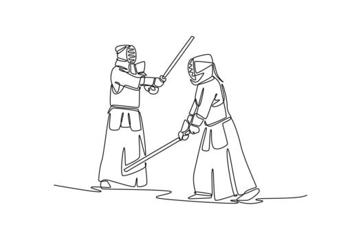 Single continuous line drawing two men Kendo athletes in full bogu armor are engaged in tense sword defense and attack. Dynamic sparring, discipline. One line draw graphic design illustration vector