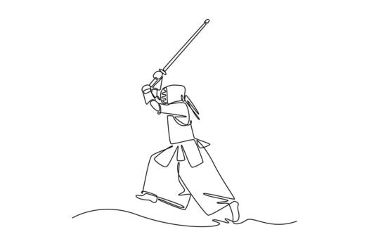 Continuous one line drawing man Kendo athlete in full bogu armor running and preparing powerful overhead strike with bamboo sword. Dynamic action. Single line draw design graphic illustration vector