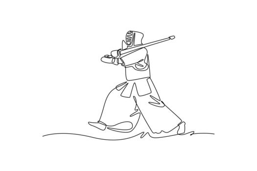 Continuous one line drawing man Kendo athlete in full bogu armor running and preparing horizontal strike with bamboo sword. Dynamic action of sport. Single line draw design graphic illustration vector