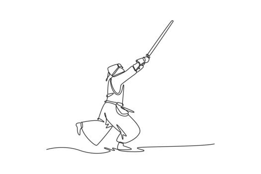 Continuous one line drawing man Kendo athlete in full bogu armor running and leaping forward with bamboo sword held high. Dynamic action of sports. Single line draw design graphic illustration vector