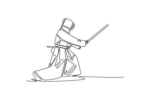 soltero uno línea dibujo lado ver de hombre kendo atleta agachado en bajo, profundo postura, entregando horizontal Huelga con un bambú espada shinai. continuo línea dibujar diseño gráfico ilustración vector