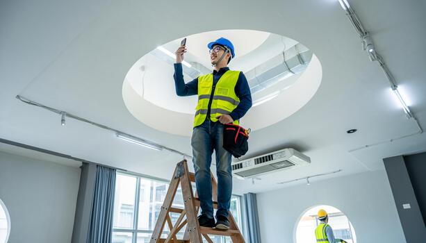 electricista en escalera inspeccionando techo utilizando teléfono inteligente para documentación foto