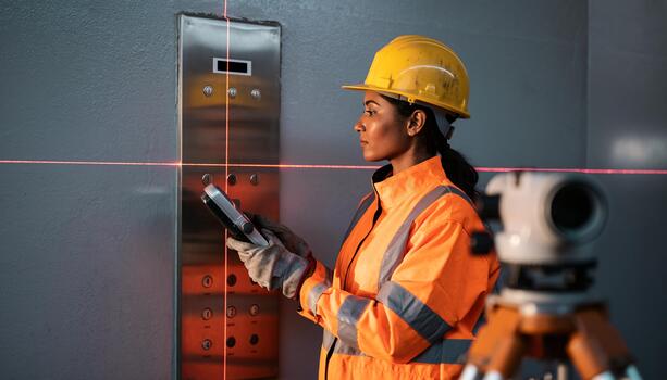 Construction Worker Using Laser Level to Align Elevator Button Panel for Installation photo