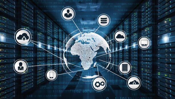 Global Data Network Technology with Server Room and Digital Globe Cloud Computing and Cybersecurity Solutions photo