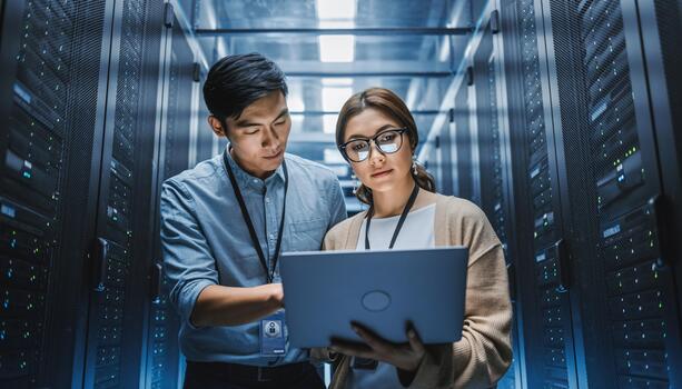 IT Professionals Working Together in a Modern Data Center with Rows of Servers photo