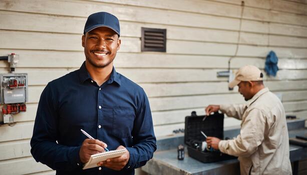 Smiling Repairman with Notebook and Pen Focused Technician Working with Tools in Workshop Background photo