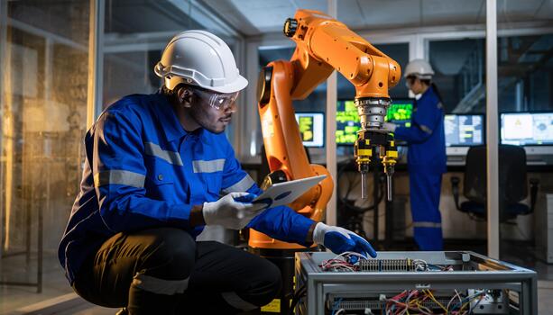 Engineer Inspects Robot Arm and Circuitry in Advanced Manufacturing Facility Robotics Automation Technology photo