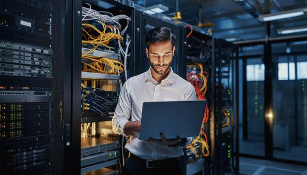 IT Professional Working on Laptop in Server Room Data Center Technology and Cloud Computing photo