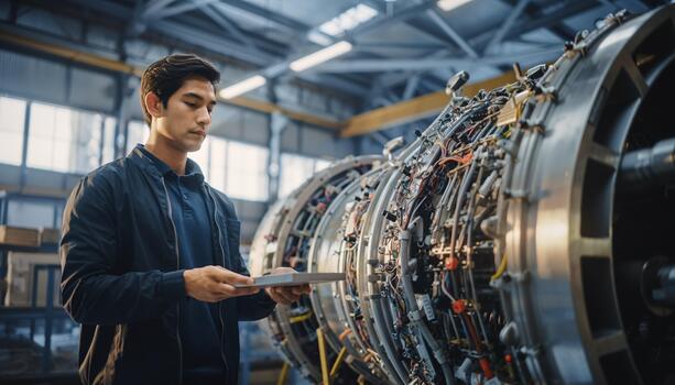 Aerospace Engineer Examining Complex Jet Engine Components in Modern Factory Workshop photo