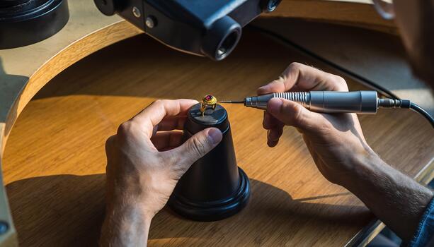 Master Jeweler Restores Intricate Gold Ring with Ruby Under Magnifying Microscope and Rotary Tool photo
