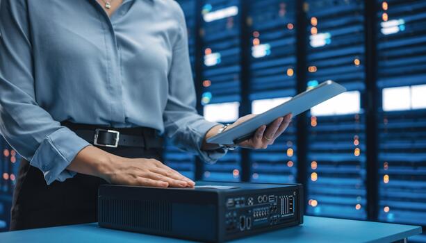 Data Center Technician Manages Server Hardware with Tablet Big Data Cloud Computing IT Infrastructure Technology Professional photo