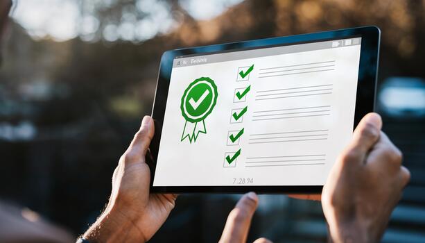 Digital Checklist On Tablet Completing Tasks with Green Checkmarks and Certification Badge in Hand photo