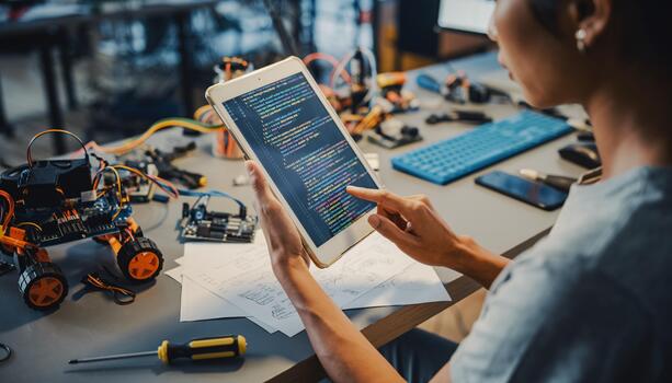 Young Woman Programmer Working on Robotics Project Coding on Tablet with Schematics and Components photo