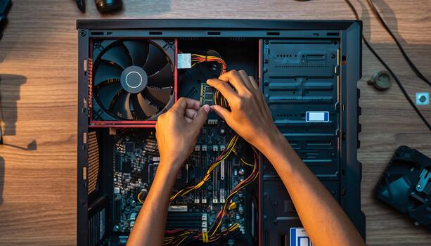 Hands Installing RAM Module into Computer Motherboard PC Building Upgrade and Repair Concepts photo