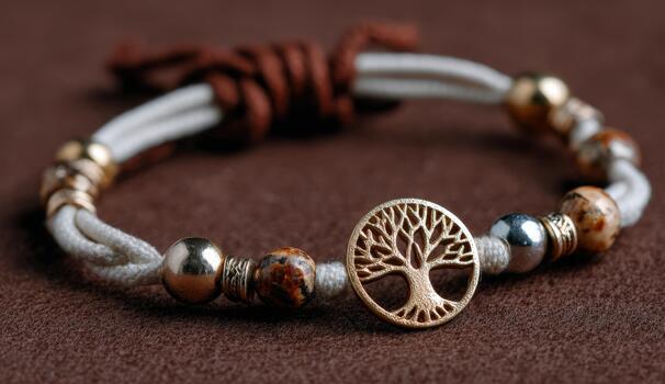Elegant bracelet featuring a tree of life charm, crafted with natural stones and soft cords, resting on a textured brown surface, symbolizing nature and connection photo